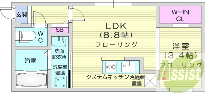 1LDK、都市ガス、エアコン、インターネット無料