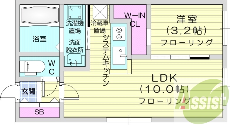 1LDK、都市ガス、エアコン、インターネット無料