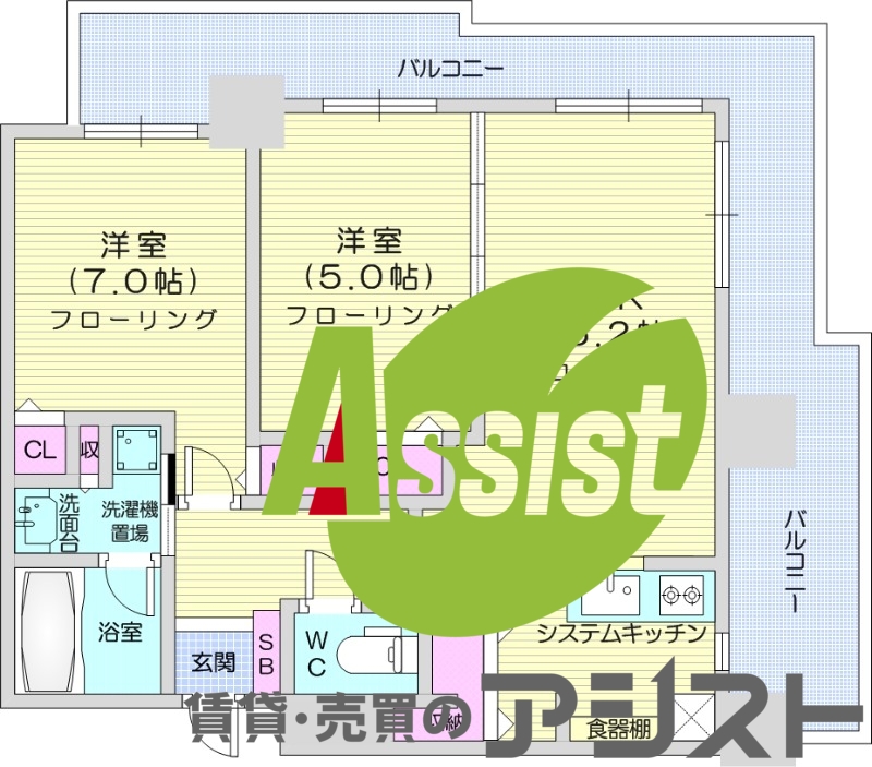 2LDK、システムキッチン、エアコン、24時間換気システム
