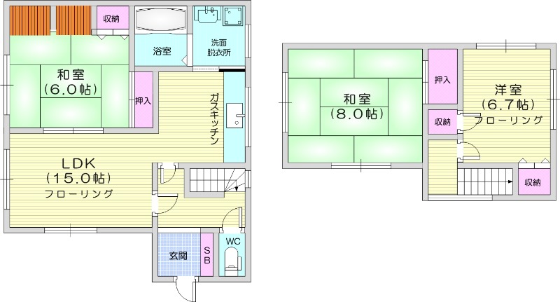 3LDK、無料駐車場付、角部屋、都市ガス
