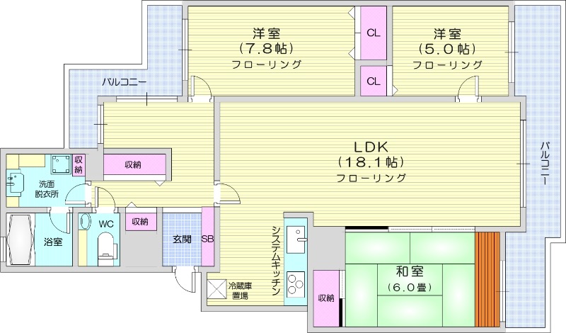 3LDK、システムキッチン、エアコン、分譲タイプ