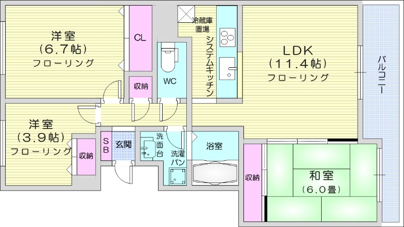 3LDK、都市ガス、エアコン、システムキッチン