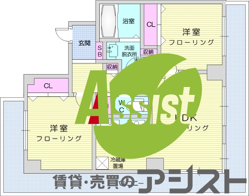 2LDK、IHシステムキッチン、バルコニー、ディスポーザー