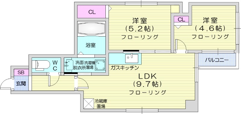 2LDK、シャワートイレ、モニタ付インターホン、灯油暖房