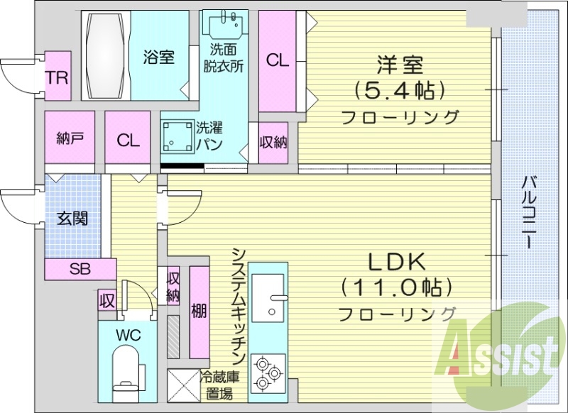 1LDK、都市ガス、分譲、システムキッチン、床暖房