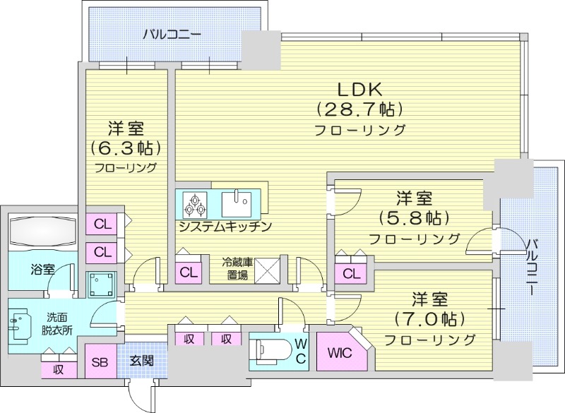 3LDK、システムキッチン、シャワートイレ、追い焚き