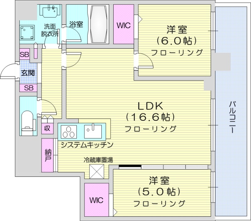 2LDK、システムキッチン、シャワートイレ、追い焚き