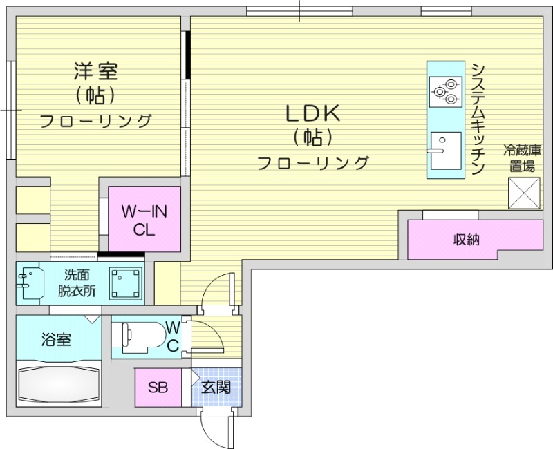 1LDK、エアコン、システムキッチン、ネット無料