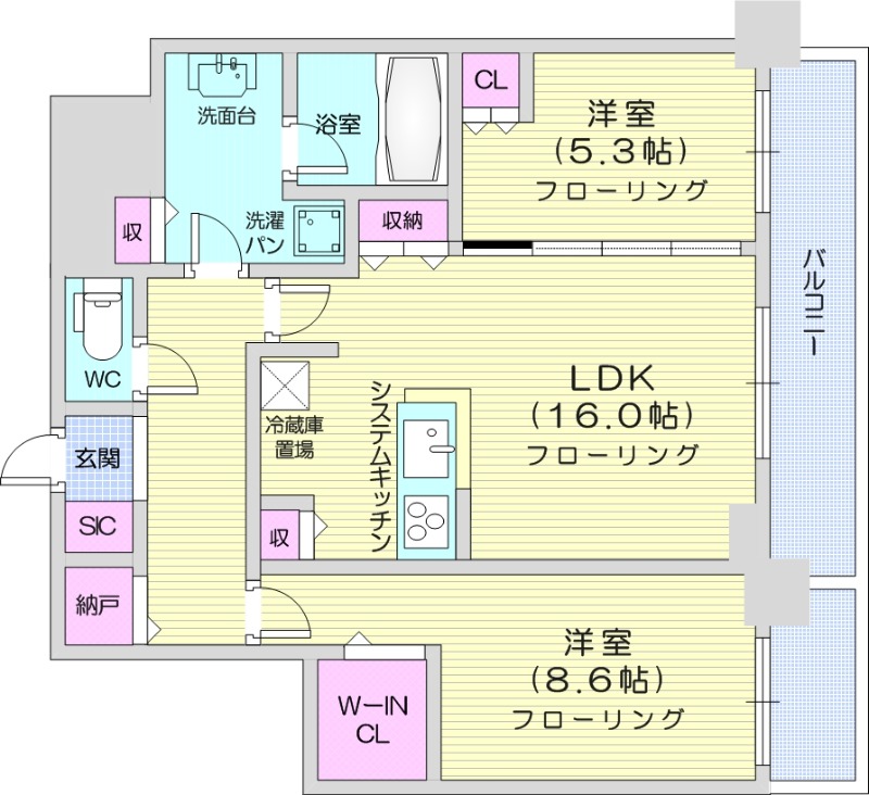 2LDK、システムキッチン、シャワートイレ、追い焚き