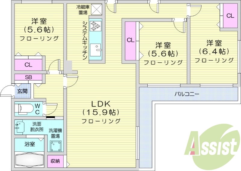3LDK、エアコン、追い焚き、システムキッチン、ネット無料