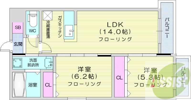 2LDK、角部屋、カウンターキッチン、エアコン