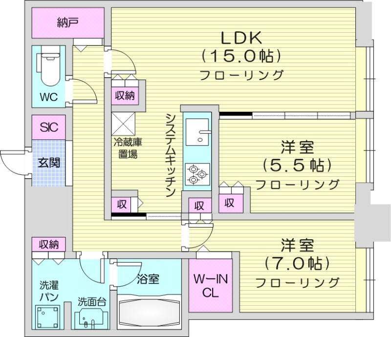 2LDK、エアコン、都市ガス、システムキッチン、追い焚き