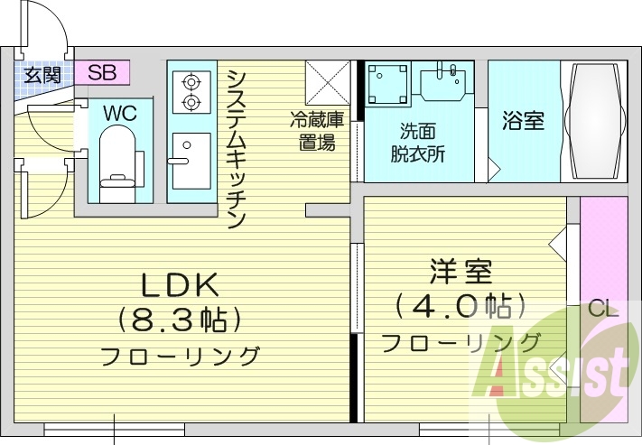 1LDK、エアコン、システムキッチン、ネット無料