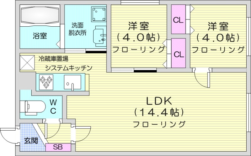 2LDK、エアコン、都市ガス、ネット使用料不要