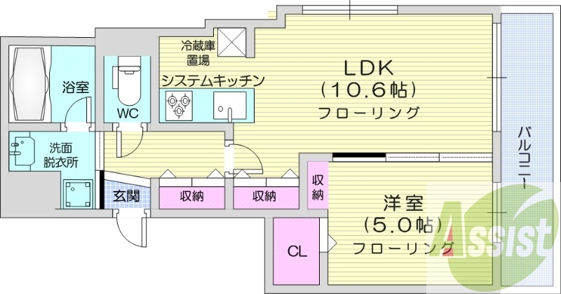 1LDK、エアコン、灯油暖房、独立洗面台、システムキッチン