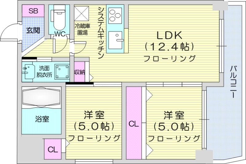2LDK、システムキッチン、浴室乾燥機、エアコン