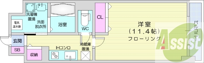 1K、クローゼット、収納、バルコニー、IHシステムキッチン