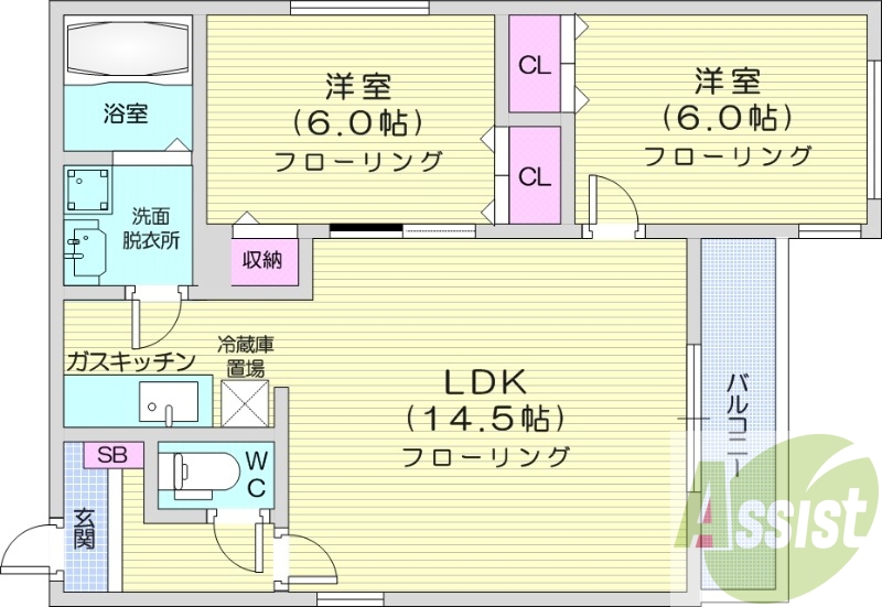 2LDK、エアコン、灯油暖房、シャワートイレ、宅配ボックス