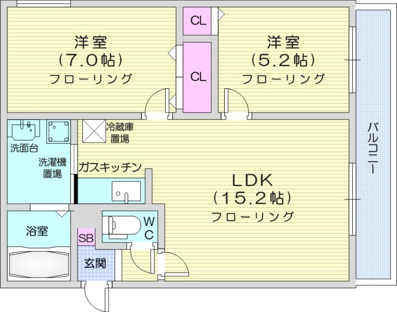2LDK、エアコン、灯油暖房、シャワートイレ、宅配ボックス