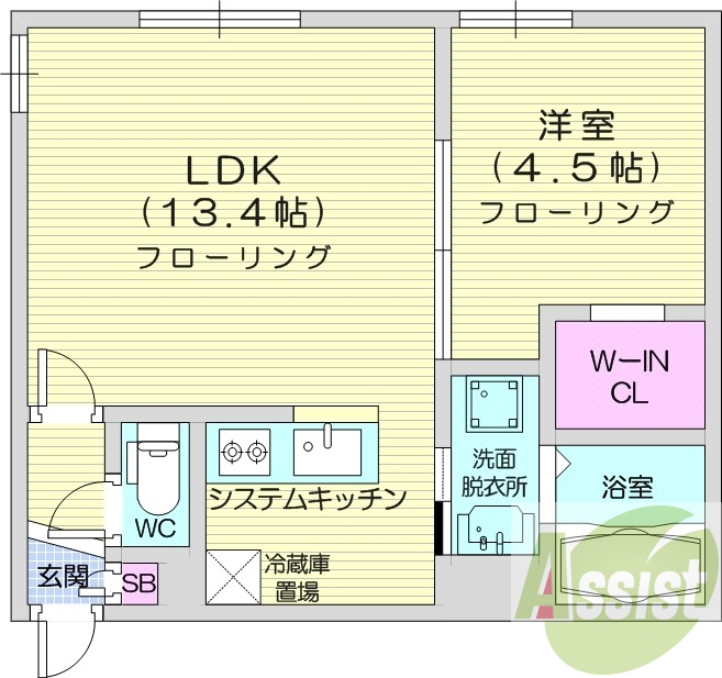 1LDK、都市ガス、エアコン、ガス暖房、ネット無料