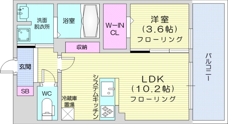 1LDK、エアコン、システムキッチン、独立洗面台