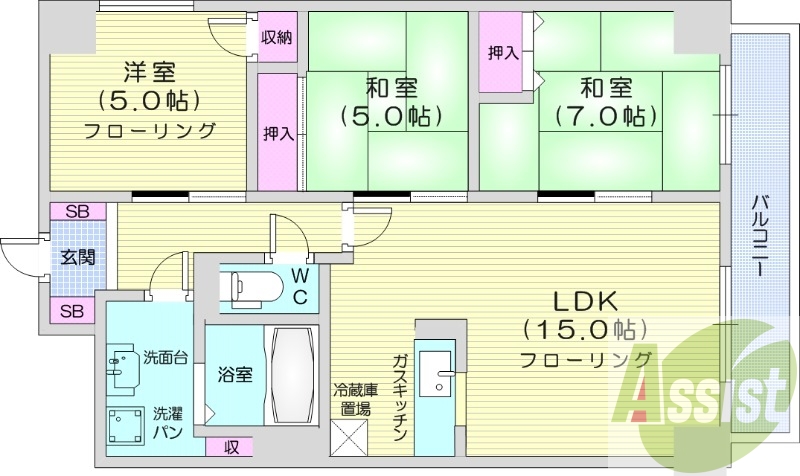3LDK、都市ガス、オートロック、バルコニー