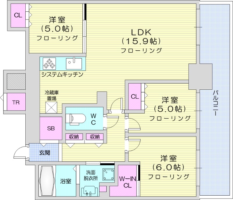 3LDK、システムキッチン、追い焚き、床暖房、都市ガス