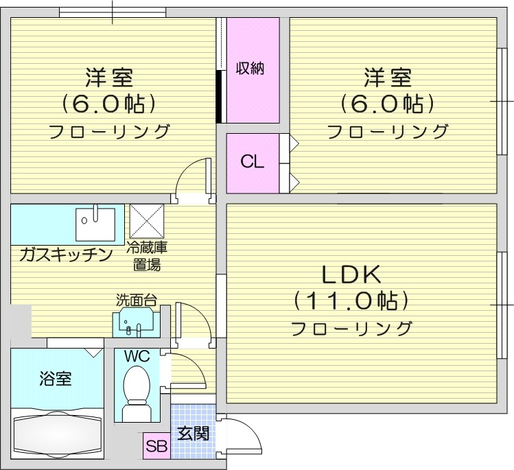 2LDK、灯油暖房、独立洗面台、バストイレ別