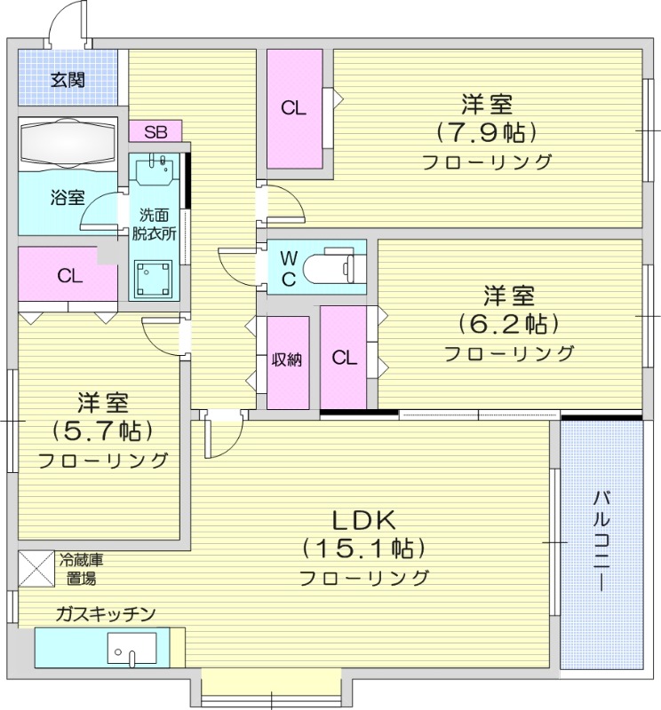 3LDK、オートロック、シャワートイレ、都市ガス