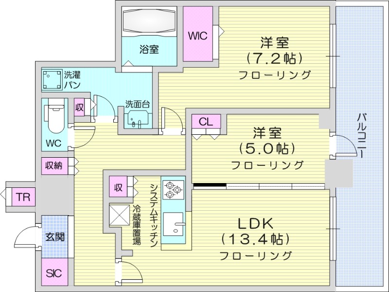 2LDK、システムキッチン、シャワートイレ、追い焚き