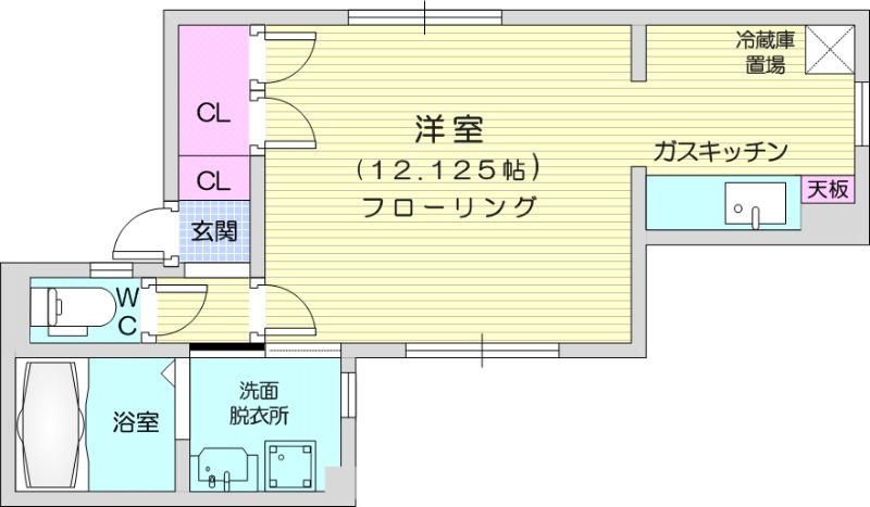 1K、灯油暖房、角部屋、独立洗面台、洗濯機置場