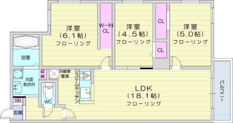 3LDK、エアコン、ペット可、システムキッチン