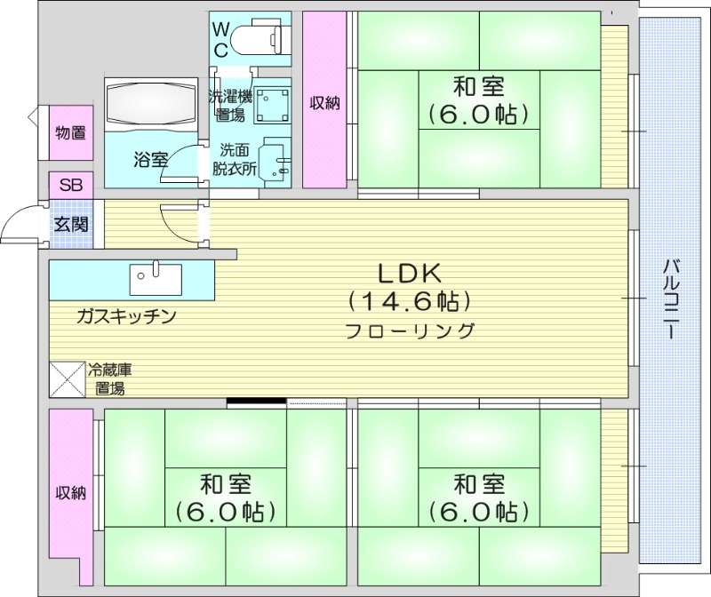 3LDK、都市ガス、独立洗面台、和室、収納