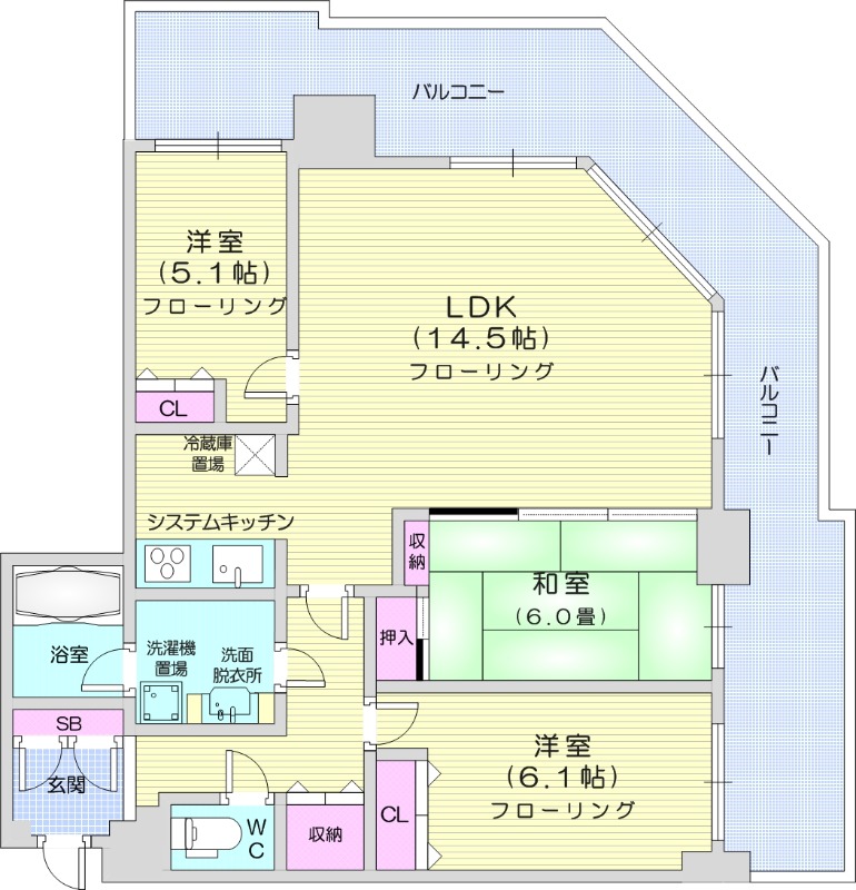 3LDK、都市ガス、システムキッチン、エアコン