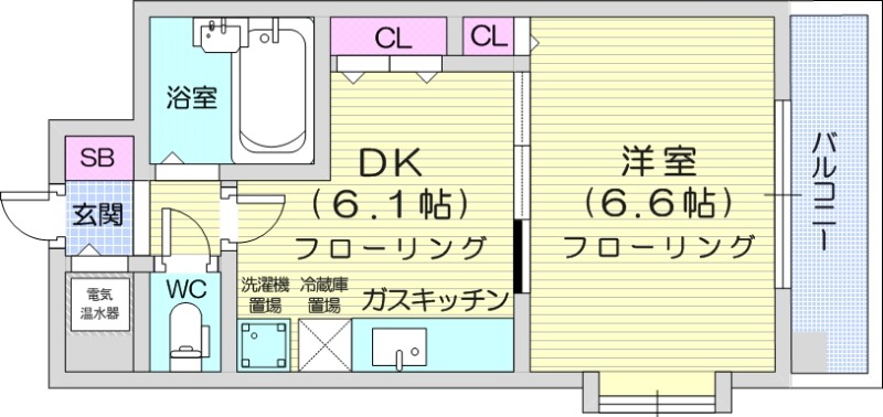 1DK、都市ガス、電気温水器、バストイレ別