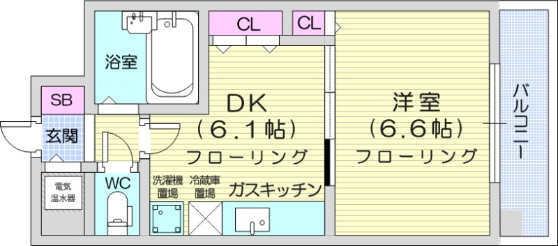 1DK、都市ガス、バストイレ別、電気温水器