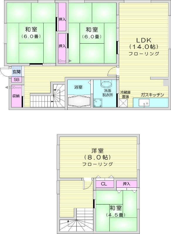 4LDK、独立洗面台、バストイレ別、シューズボックス