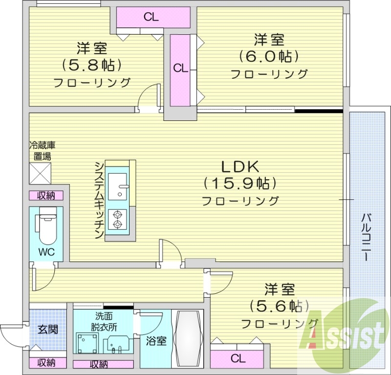 3LDK、エアコン、都市ガス、ペット飼育可