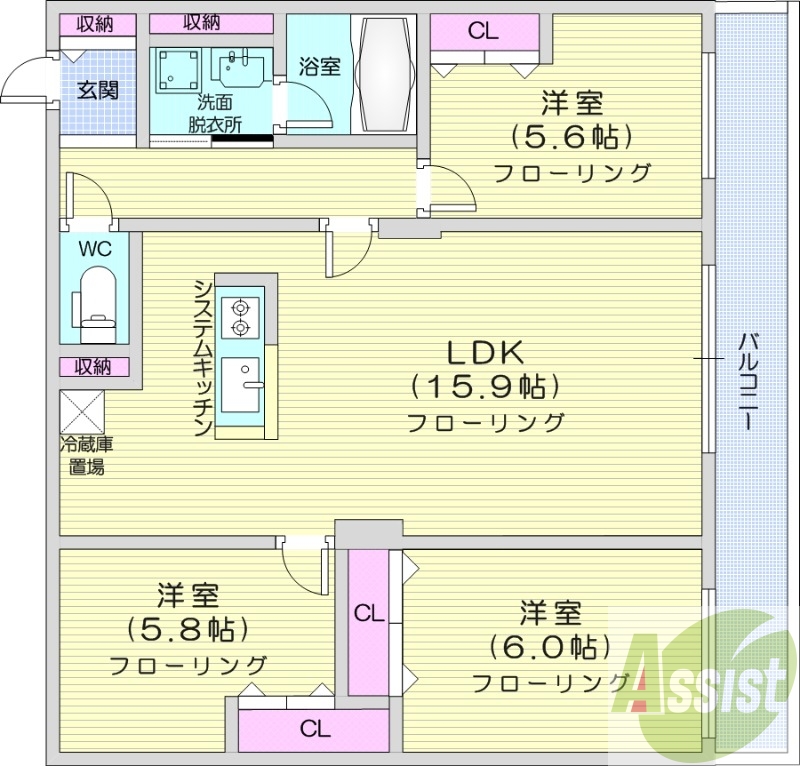 3LDK、エアコン、都市ガス、ペット飼育可