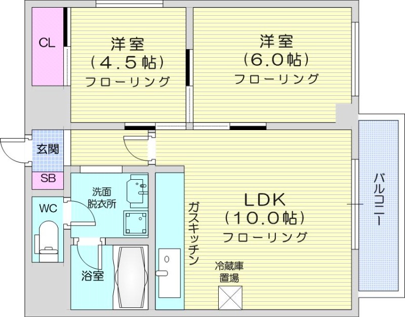 2LDK、バルコニー、独立洗面台