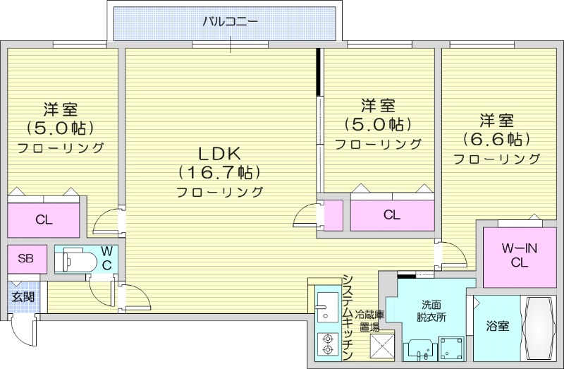3LDK、都市ガス、バルコニー、エアコン