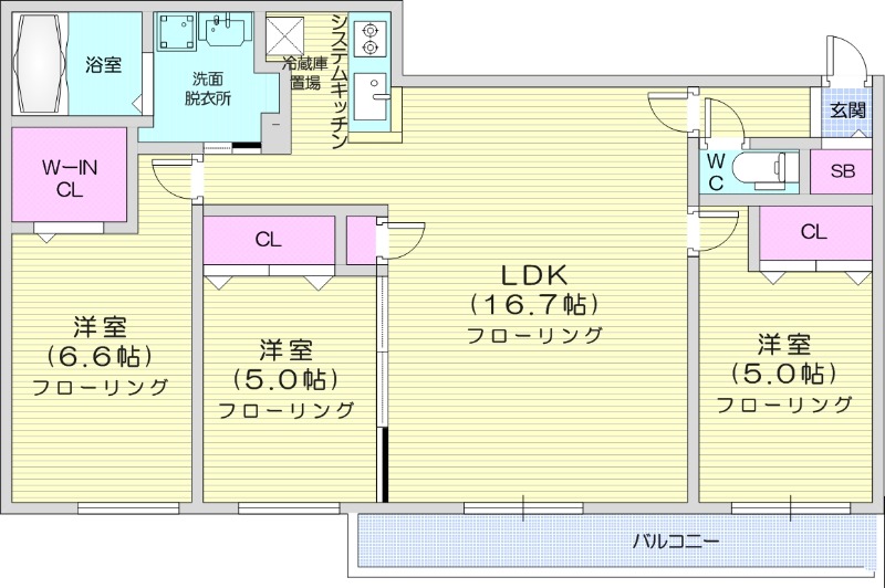 3LDK、都市ガス、バルコニー、エアコン