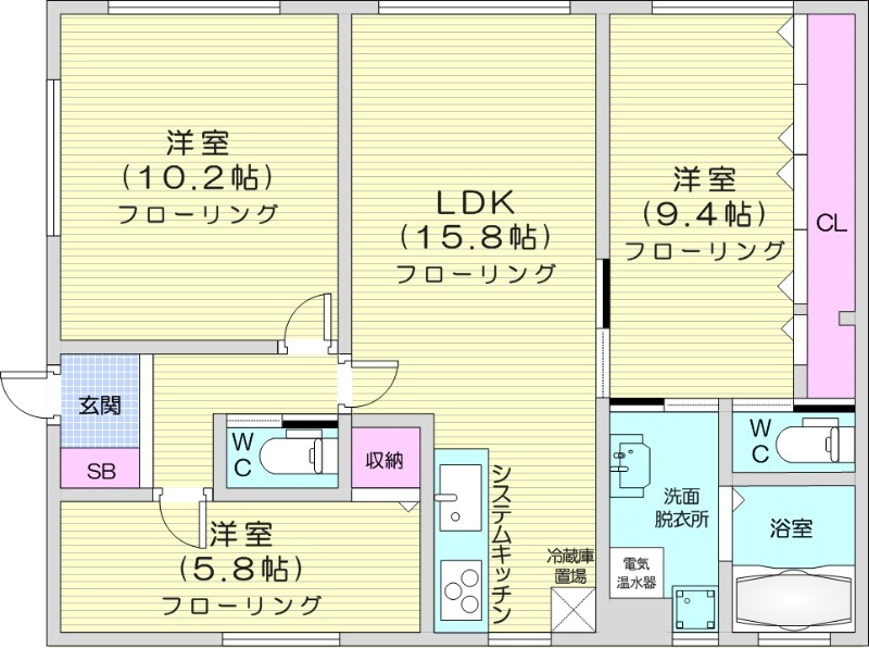 3LDK、システムキッチン、バストイレ別