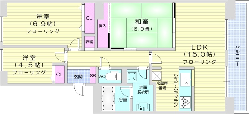 3LDK、都市ガス、システムキッチン、独立洗面台、追い焚き