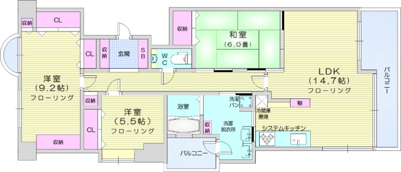 3LDK、都市ガス、エアコン、システムキッチン、追い焚き