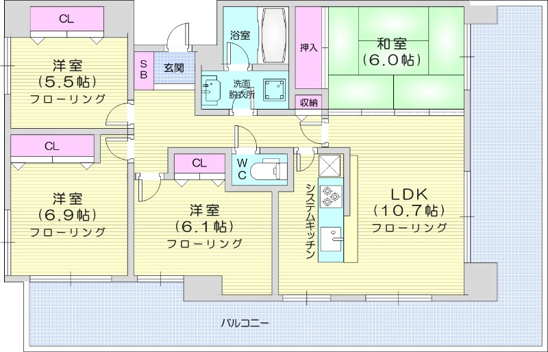 4LDK、都市ガス、エアコン、システムキッチン