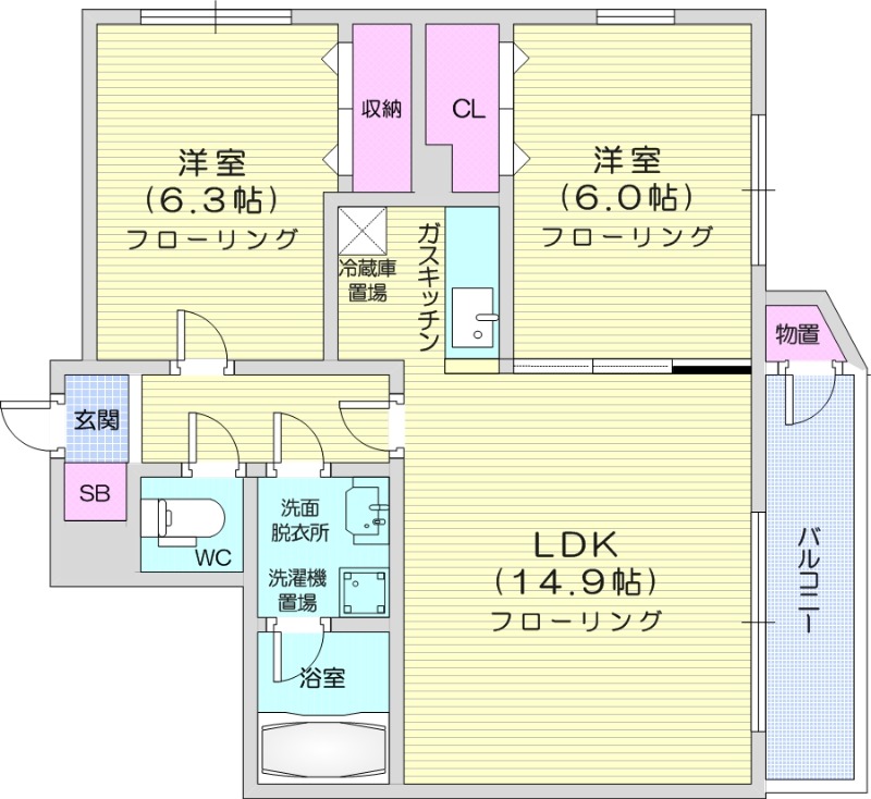 2LDK、クローゼット、洗面脱衣所、バルコニー