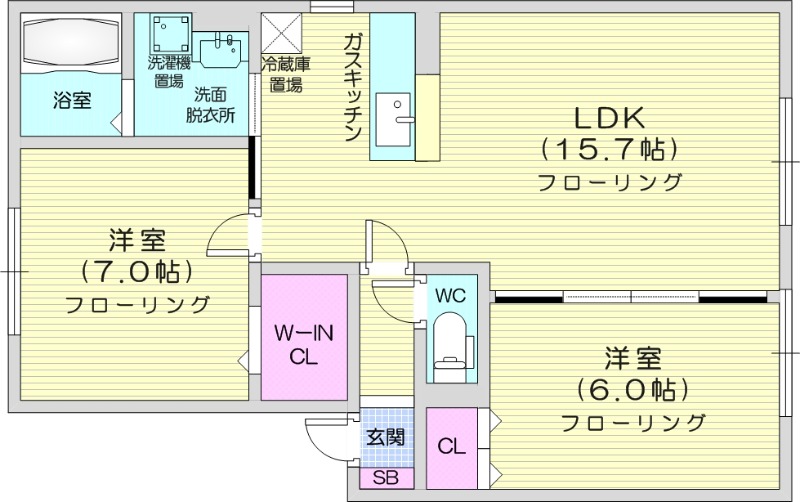 2LDK、角部屋、灯油暖房、カウンターキッチン