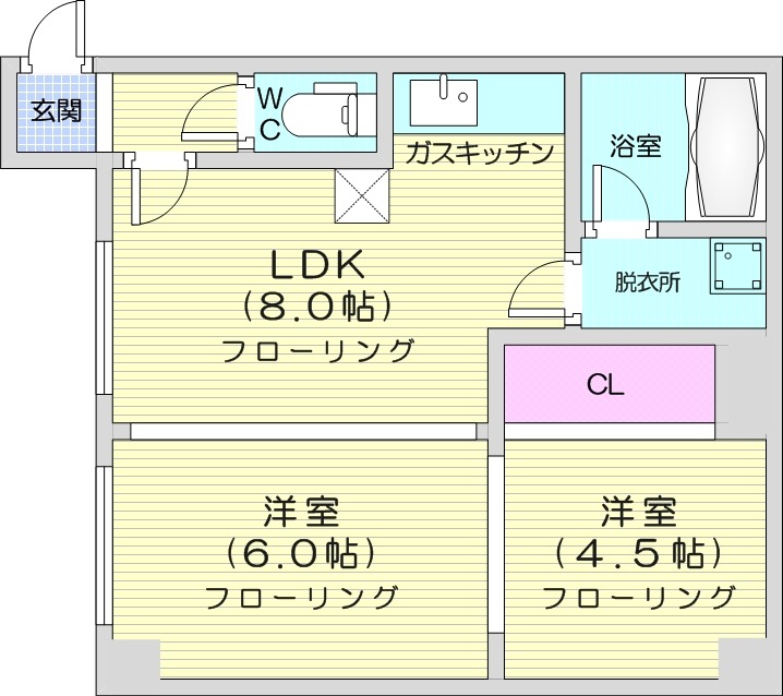 2DK、エアコン、バストイレ別、カメラ付きインターホン