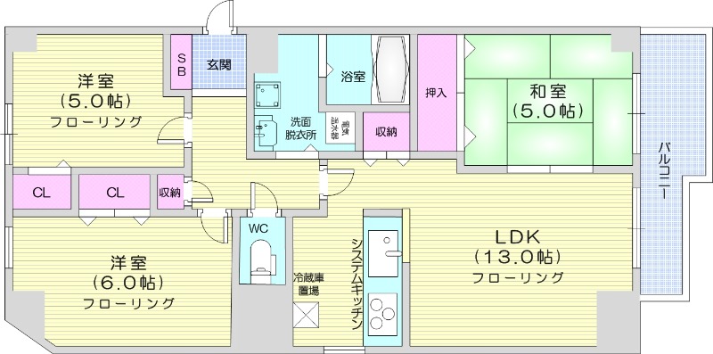 3LDK、システムキッチン、トランクルーム、洗髪洗面化粧台